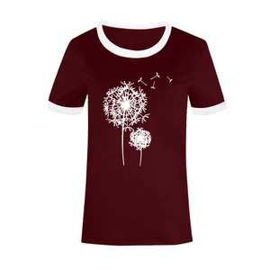 Détail de l'imprimé pissenlit et du col blanc contrasté sur t-shirt bordeaux d'été