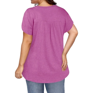 Detail view of the back pleats and A-line silhouette of this rose pink V-neck T-shirt