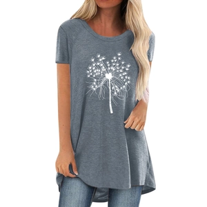 T-shirt lunga casual da donna grigio scuro con stampa dente di leone e orlo curvo