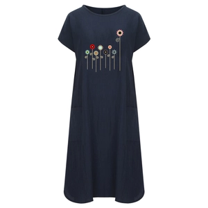 Detail view of cotton linen midi dress with colorful floral print and functional side pockets