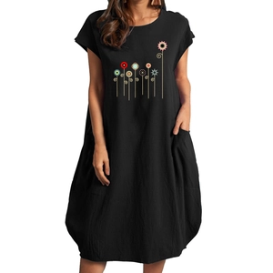 Women's summer black cotton linen midi dress with colorful floral print and side pockets