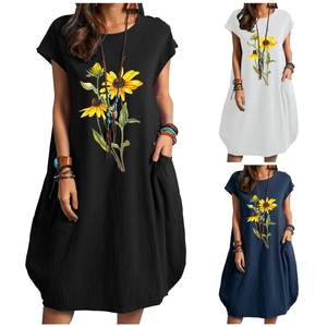Women Casual Sunflower Print Cotton Linen Maxi Dress With Pockets Short Sleeve Round Neck Loose Boho Summer Long Dress