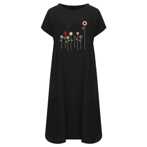 Black short sleeve cotton linen dress with colorful floral print and side pockets