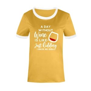 Close-up of contrast crew neck and wine glass print on yellow short sleeve t-shirt