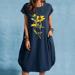 Navy loose cotton linen dress with large sunflower print and convenient side pockets