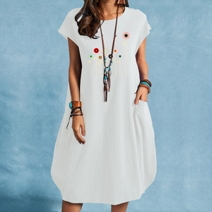 Summer cotton linen white dress with floral print, loose fit and large pockets