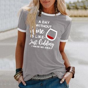 Detail of grey ringer T-shirt featuring funny wine slogan and glass print on a female model