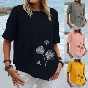 Maglietta da Donna Casual in Lino di Cotone a Maniche Corte Vintage Girocollo Stampa Soffione con Orlo Asimmetrico e Tasca