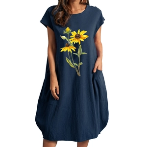 Navy blue cotton linen sunflower print dress with short sleeves and large side pockets