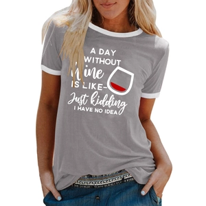 Detail view of wine glass print and contrast white trim on gray crewneck t-shirt