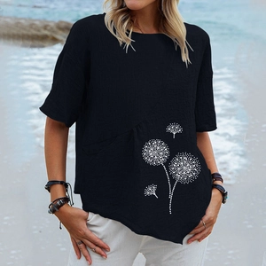 T-shirt donna in cotone lino nero con stampa dente di leone e tasca in stile casual ampio