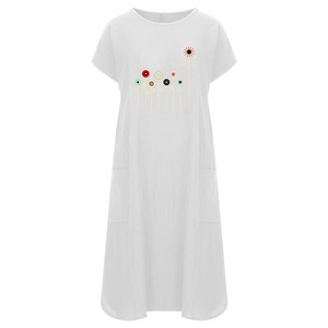 Detail of floral print and breathable cotton linen texture on a white summer dress