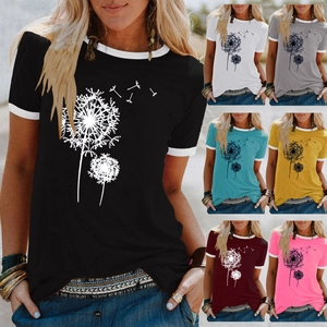 T-Shirt Ringer Été Femme Imprimé Pissenlit Bordure Contrastée Col Rond Manches Courtes Décontracté Mélange Coton