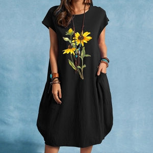 Bohemian black cotton linen maxi dress with sunflower print and side pockets