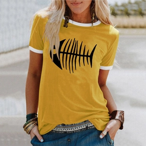 T-shirt femme jaune vif à manches courtes avec imprimé arêtes de poisson et col blanc
