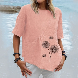 Camicia da donna rosa in cotone e lino a maniche corte con stampa a dente di leone