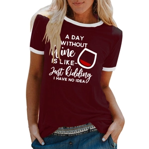 Women burgundy ringer t-shirt with wine glass print and contrast crew neck