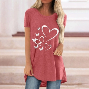 T-Shirt Femme Décontracté Large Mi-Long Col Rond Manches Courtes Imprimé Papillon Cœur Été Streetwear Top