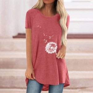 Women Casual Dandelion Print T-Shirt Round Neck Short Sleeve High Low Hem Cotton Blend Loose Graphic Tee Summer Top