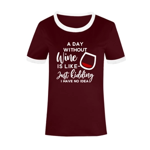 Close-up of burgundy ringer tee with white wine glass graphic and humorous typography