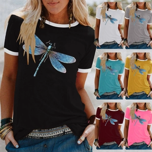 T-Shirt à Manches Courtes Pour Femmes avec Bordure Contrastée Col Rond Ample Imprimé Libellule Mélange de Coton Décontracté