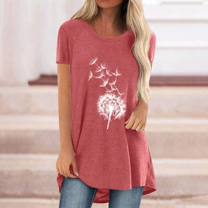 Women Casual Dandelion Print Short Sleeve Round Neck Long T-Shirt Loose Tunic Top Cotton Blend Fashion Summer Top