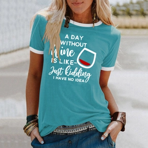 Women's teal summer T-shirt with wine glass graphic and funny quote in a relaxed fit