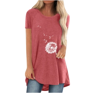 Detailed view of women's brick red t-shirt with white dandelion print and curved hemline