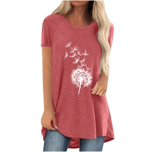Detail of coral red women's t-shirt showing dandelion print and loose round neck