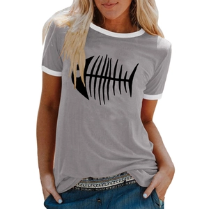 T-shirt d'été bicolore gris et blanc pour femmes avec imprimé arêtes de poisson
