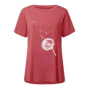 Detail shot of white dandelion print on casual red crew neck short sleeve T-shirt