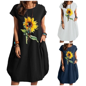 Vestido Casual de Algodón y Lino con Estampado de Girasol para Mujer Cuello Redondo Manga Corta Vestido Midi Suelto Con Bolsillos