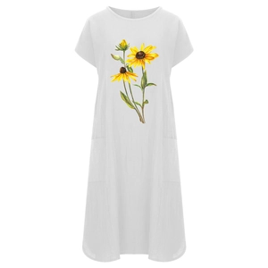 Detail of sunflower print and side pocket on white cotton linen short sleeve midi dress