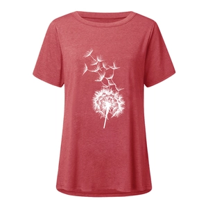 Close-up of white dandelion print and fabric texture on red casual short sleeve t-shirt