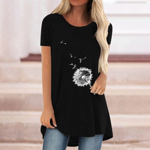 Women's black casual dandelion print t-shirt with short sleeves and high-low hem design