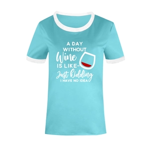 Detail of teal ringer t-shirt with wine glass print and white contrast neck trim