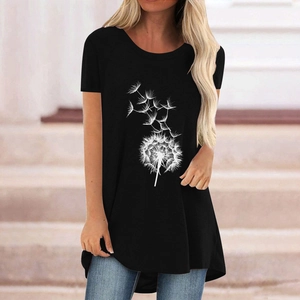 Women's casual loose black t-shirt featuring a white dandelion butterfly print and curved hem