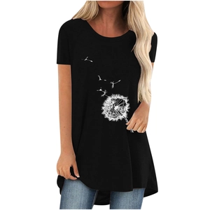 Women's black round neck T-shirt with white dandelion print and high-low curved hemline