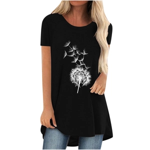 Detail view of women's black longline T-shirt with white dandelion print and curved hemline