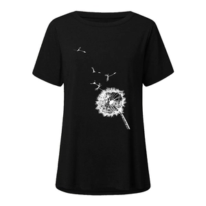 Detailed view of white dandelion seed print on a black cotton short sleeve T-shirt