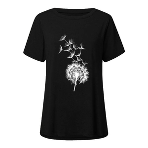 Close-up of artistic white dandelion print on black cotton crew neck short sleeve T-shirt