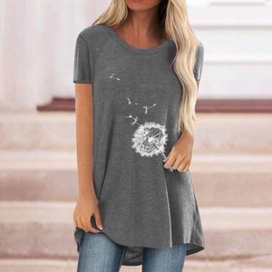 Gray loose-fit t-shirt for women featuring white dandelion print and a round neckline