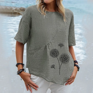 Maglietta donna cotone lino con stampa dente di leone e orlo asimmetrico