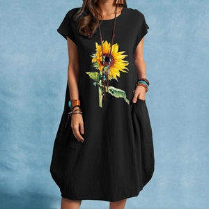 Vestido de lino negro para mujer con estampado de girasoles, bolsillos y corte suelto