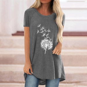 Women's grey casual round neck T-shirt featuring butterfly and dandelion prints with high-low hem