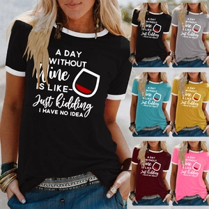 Women Casual Cotton Blend Ringer T-Shirt Funny Wine Glass Print Short Sleeve Contrast Trim Crew Neck Summer Fashion Top