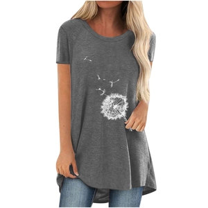 Women's dark gray T-shirt with dandelion print featuring an asymmetrical high-low hem design