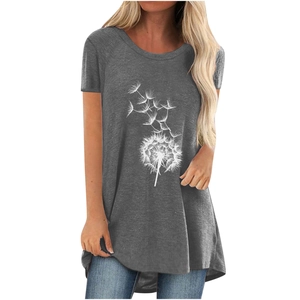 Casual loose-fit dark grey women's t-shirt with elegant white dandelion print design