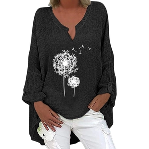 Damen V-Ausschnitt Langarmhemd aus Baumwollleinen mit Pusteblumen-Druck in Schwarz Oversize
