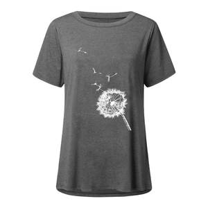 Detail of grey crewneck T-shirt showing white dandelion print and soft cotton fabric texture
